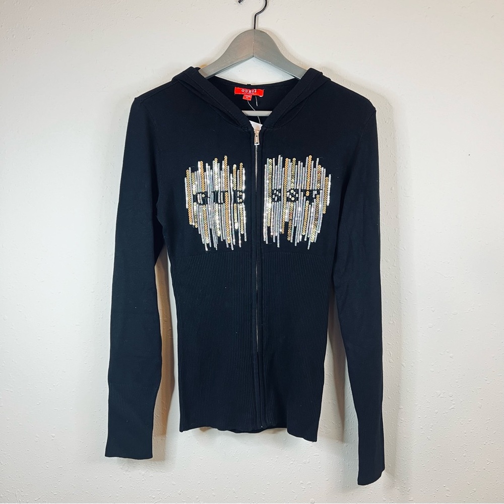 GUESS Sequins Logo Black Knit Women’s Sweater Hoodie Size Medium NWT